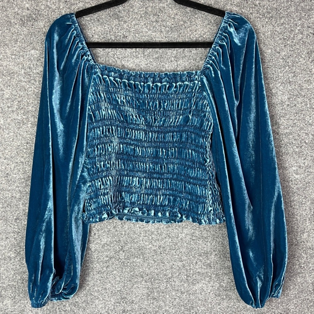 Anthropologie Velvet Smocked Top Womens Small Blue Square Neck Puff